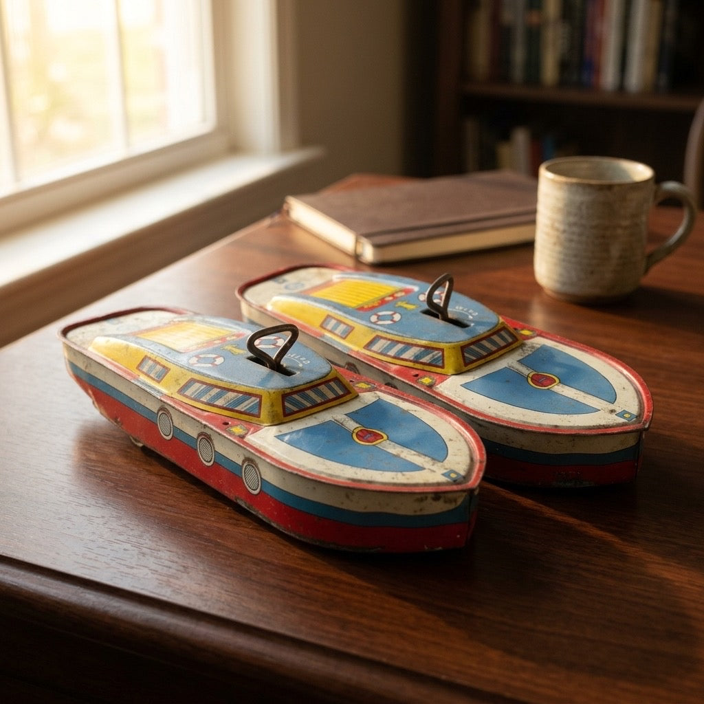 Vintage Ohio Art Tin Wind-Up Cabin Cruiser Boat Toy — 1960s Nautical — detail view