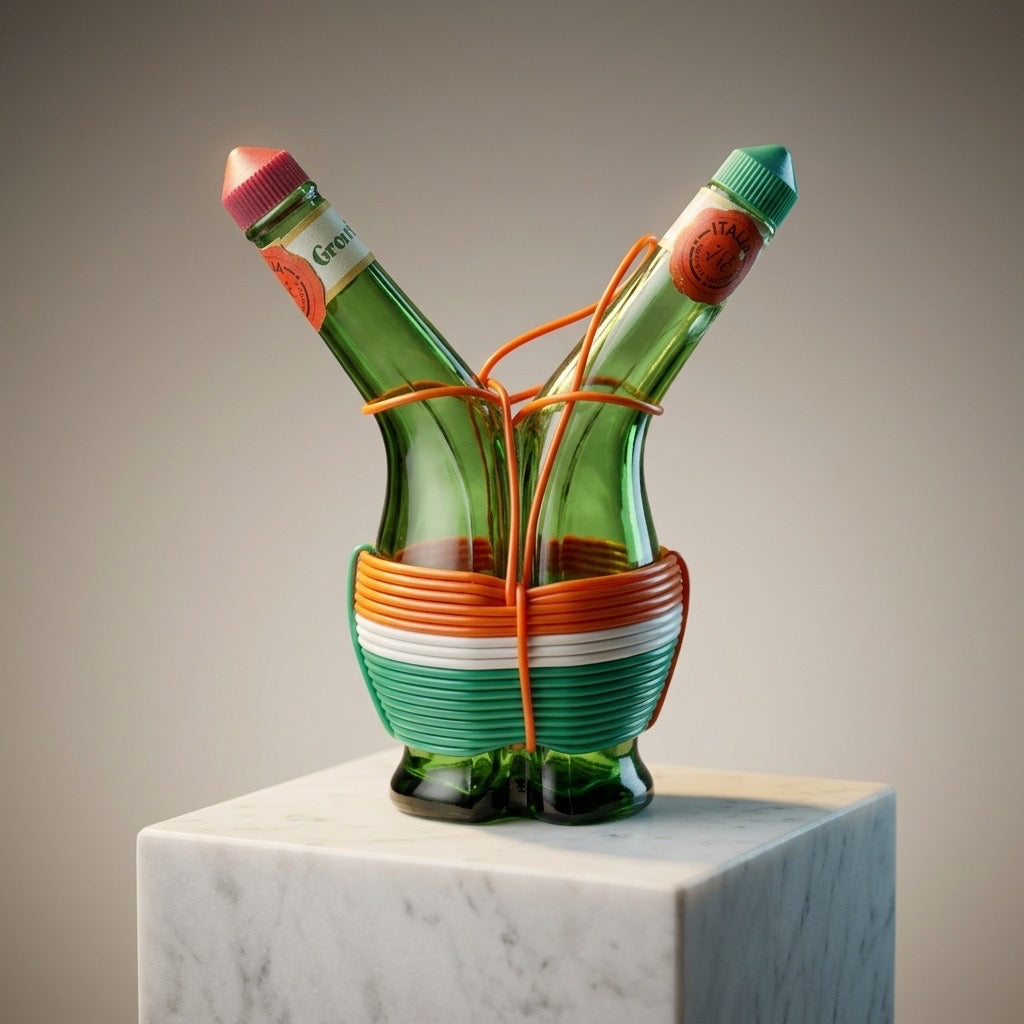 Vintage Italian Green Glass Conjoined Oil & Vinegar Cruet Bottle — Hand-Blown Glassware — main view