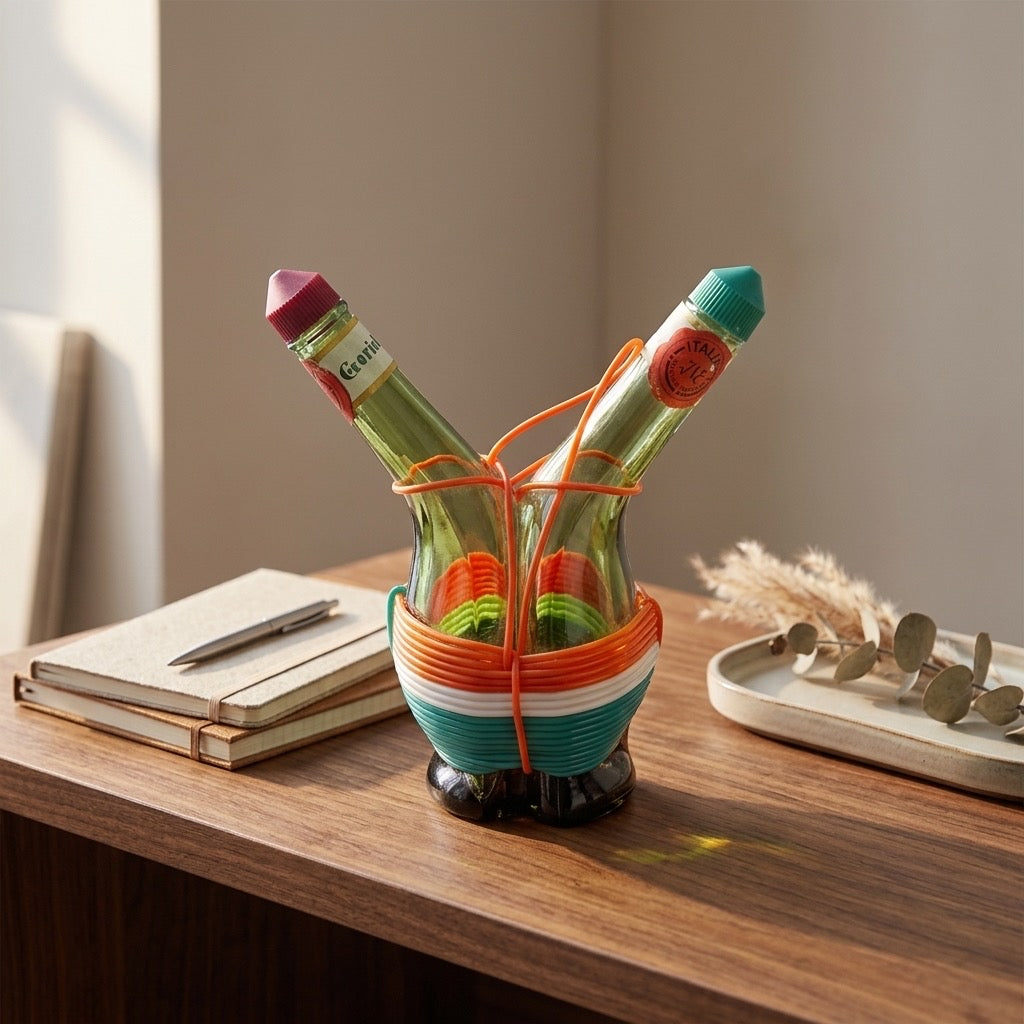 Vintage Italian Green Glass Conjoined Oil & Vinegar Cruet Bottle — Hand-Blown Glassware — detail view