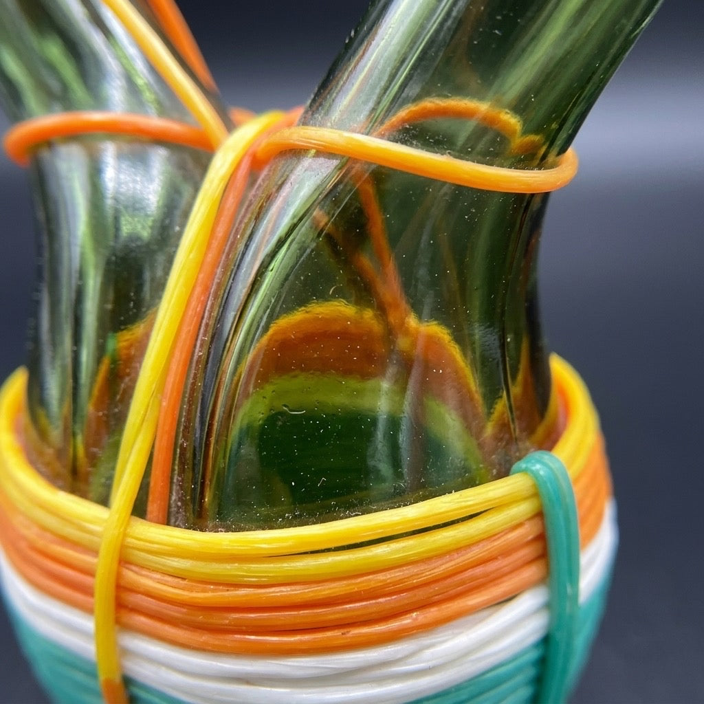 Vintage Italian Green Glass Conjoined Oil & Vinegar Cruet Bottle — Hand-Blown Glassware — detail view
