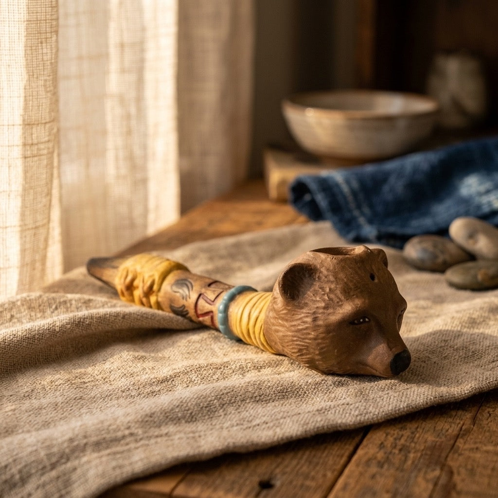 Native American Style Bear Head Pipe — Turquoise Bead Southwestern Decor — detail view