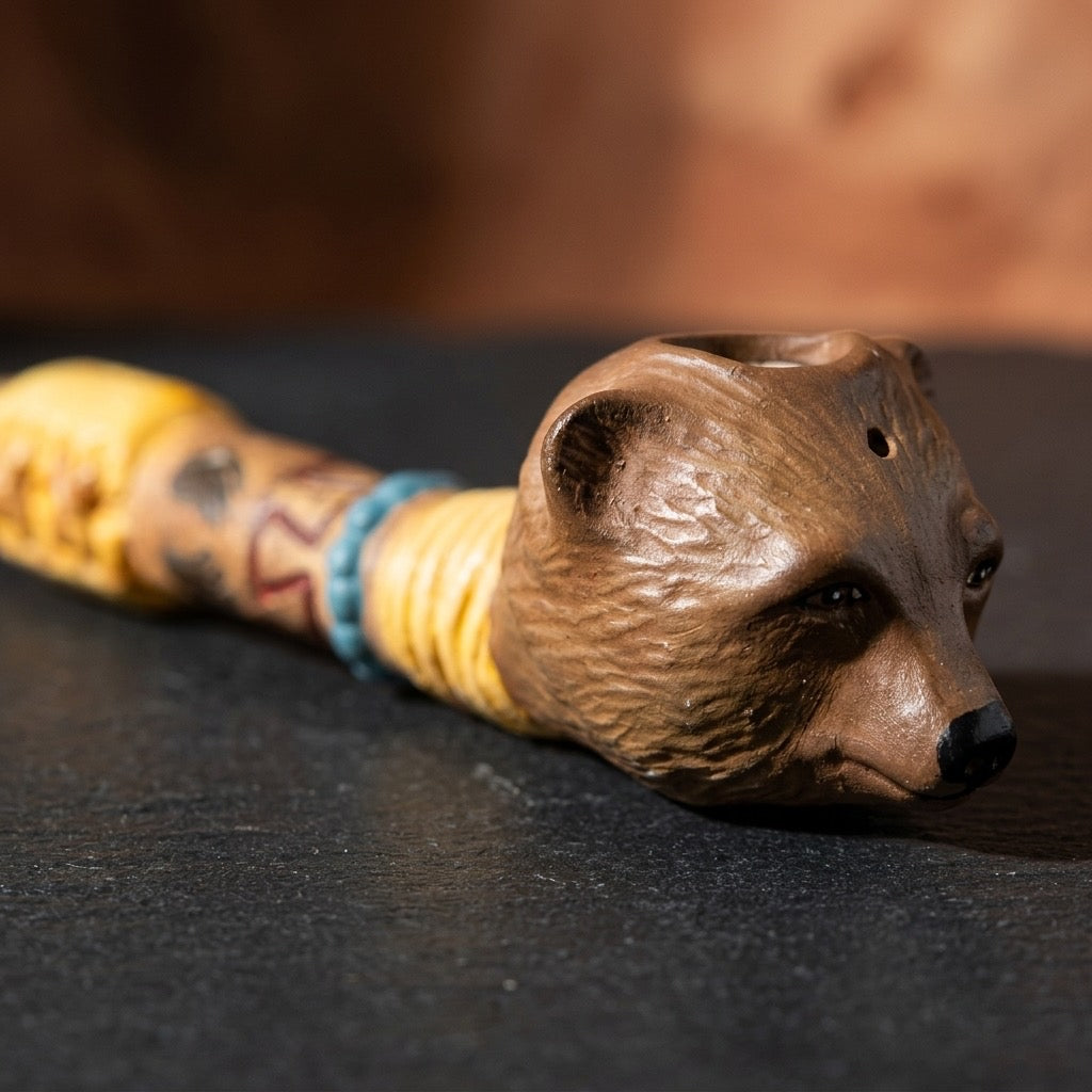 Native American Style Bear Head Pipe — Turquoise Bead Southwestern Decor — detail view