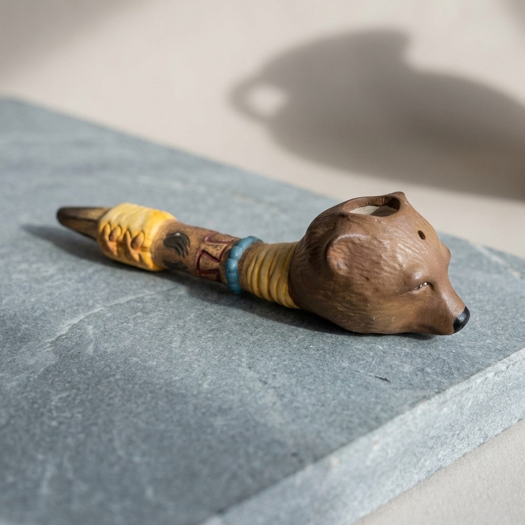Native American Style Bear Head Pipe — Turquoise Bead Southwestern Decor — main view