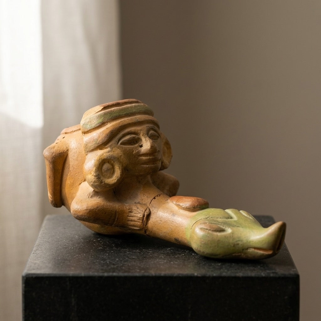 Vintage Mexican Folk Art Terracotta Snake Effigy Pipe — main view
