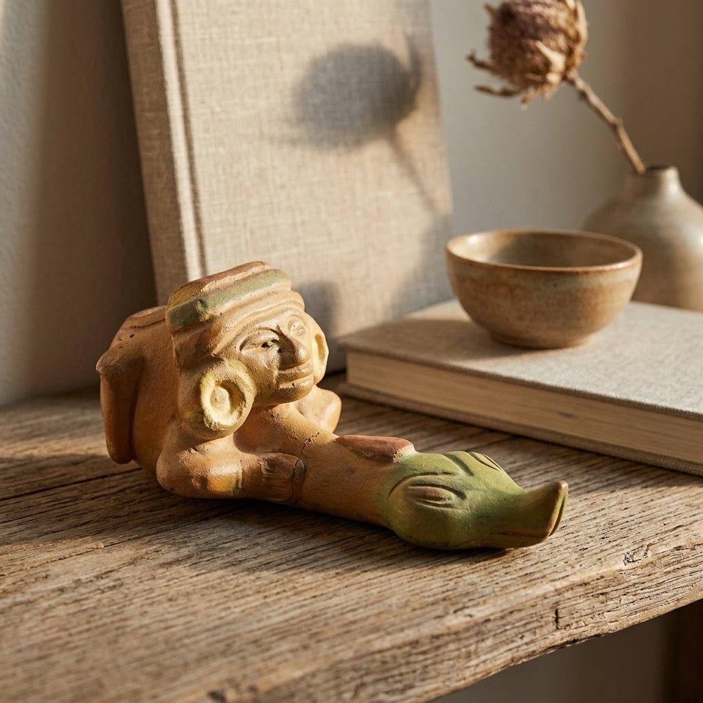 Vintage Mexican Folk Art Terracotta Snake Effigy Pipe — detail view