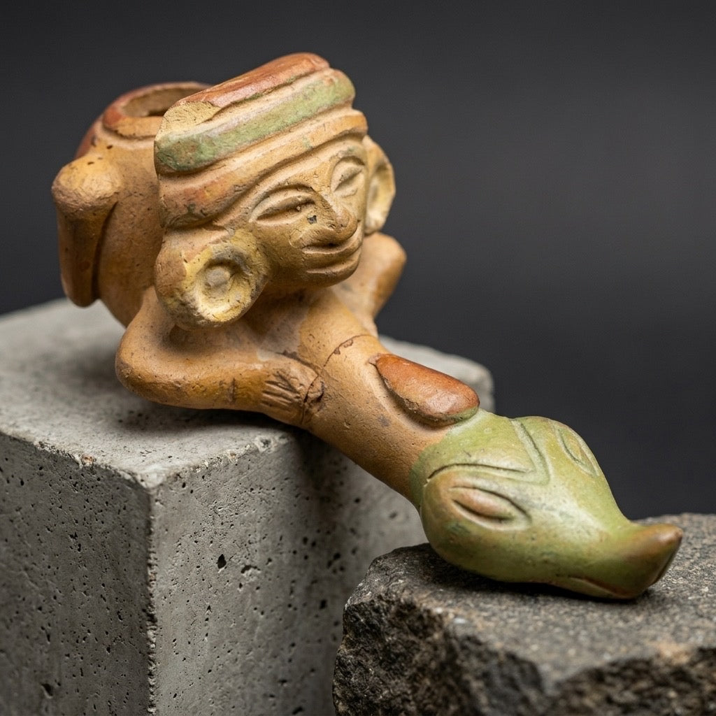 Vintage Mexican Folk Art Terracotta Snake Effigy Pipe — detail view