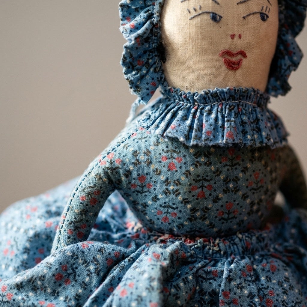 Vintage Handmade Topsy Turvy Cloth Doll — Reversible Folk Toy — detail view