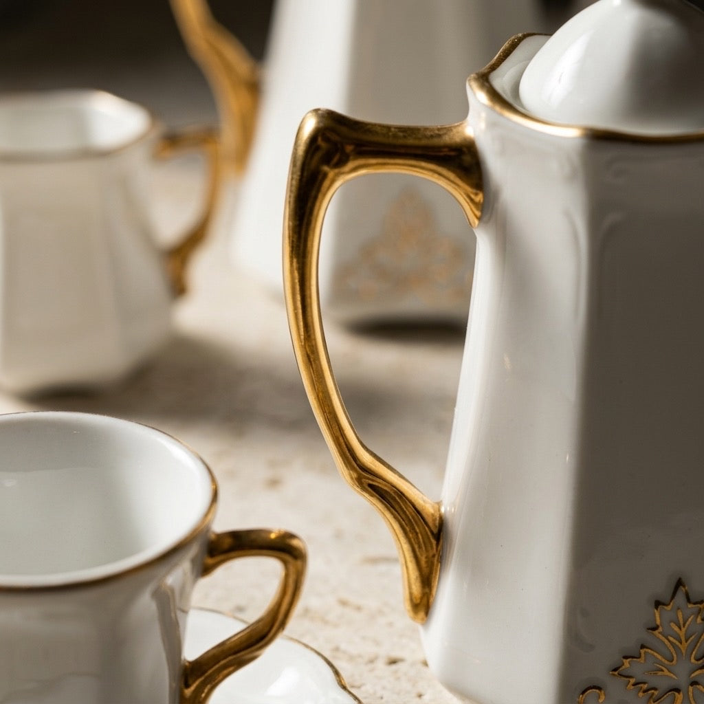 Vintage Miniature Porcelain Tea Set with Gold Trim — Dollhouse Collectible — detail view