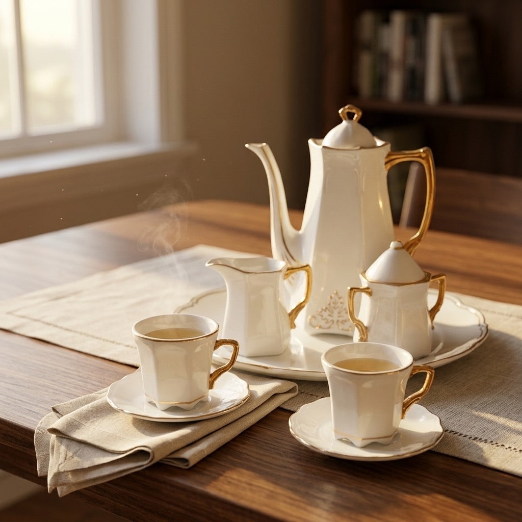 Vintage Miniature Porcelain Tea Set with Gold Trim — Dollhouse Collectible — detail view