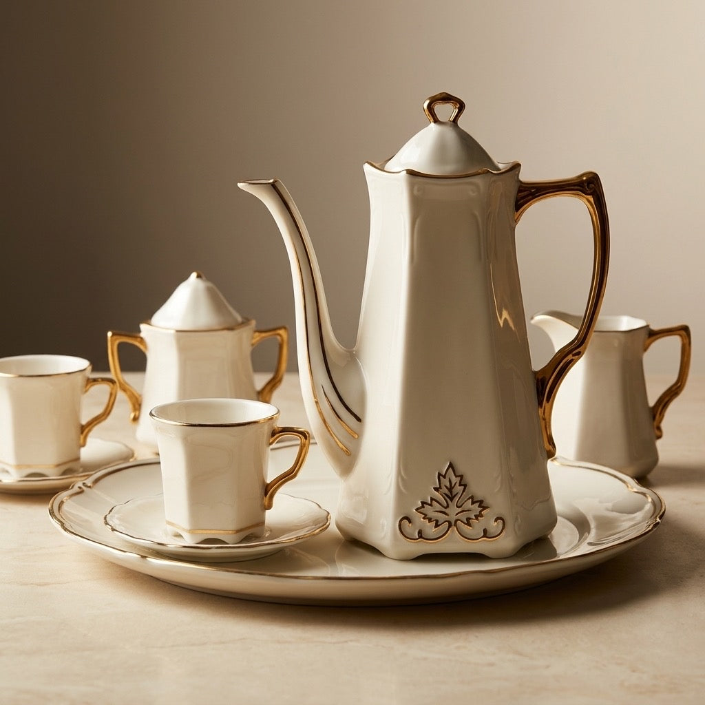 Vintage Miniature Porcelain Tea Set with Gold Trim — Dollhouse Collectible — detail view