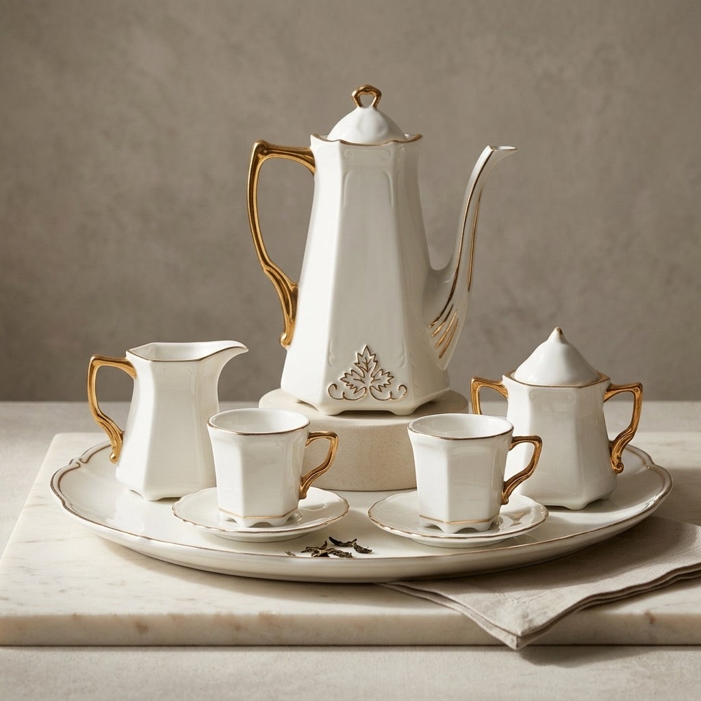 Vintage Miniature Porcelain Tea Set with Gold Trim — Dollhouse Collectible — main view