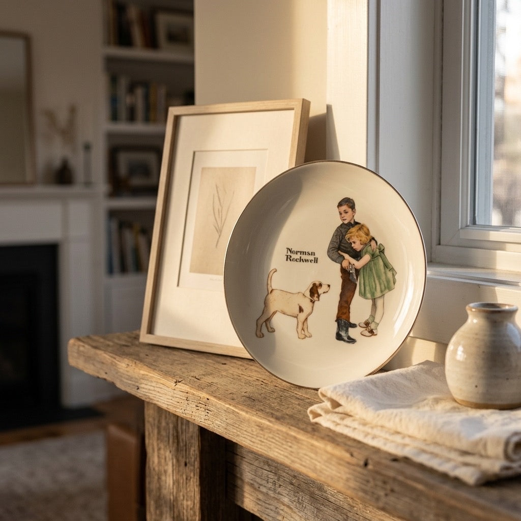 Norman Rockwell Puppy Love Collector Plate — Americana Decorative Art — detail view
