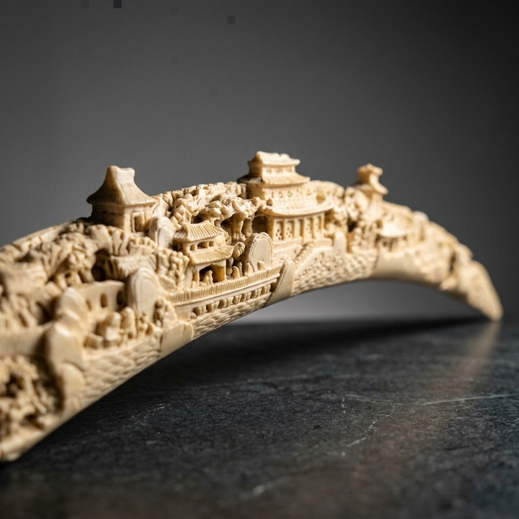 Vintage Ivory-Tone Resin Carved Tusk Village Sculpture — Folk Art Curiosity — detail view