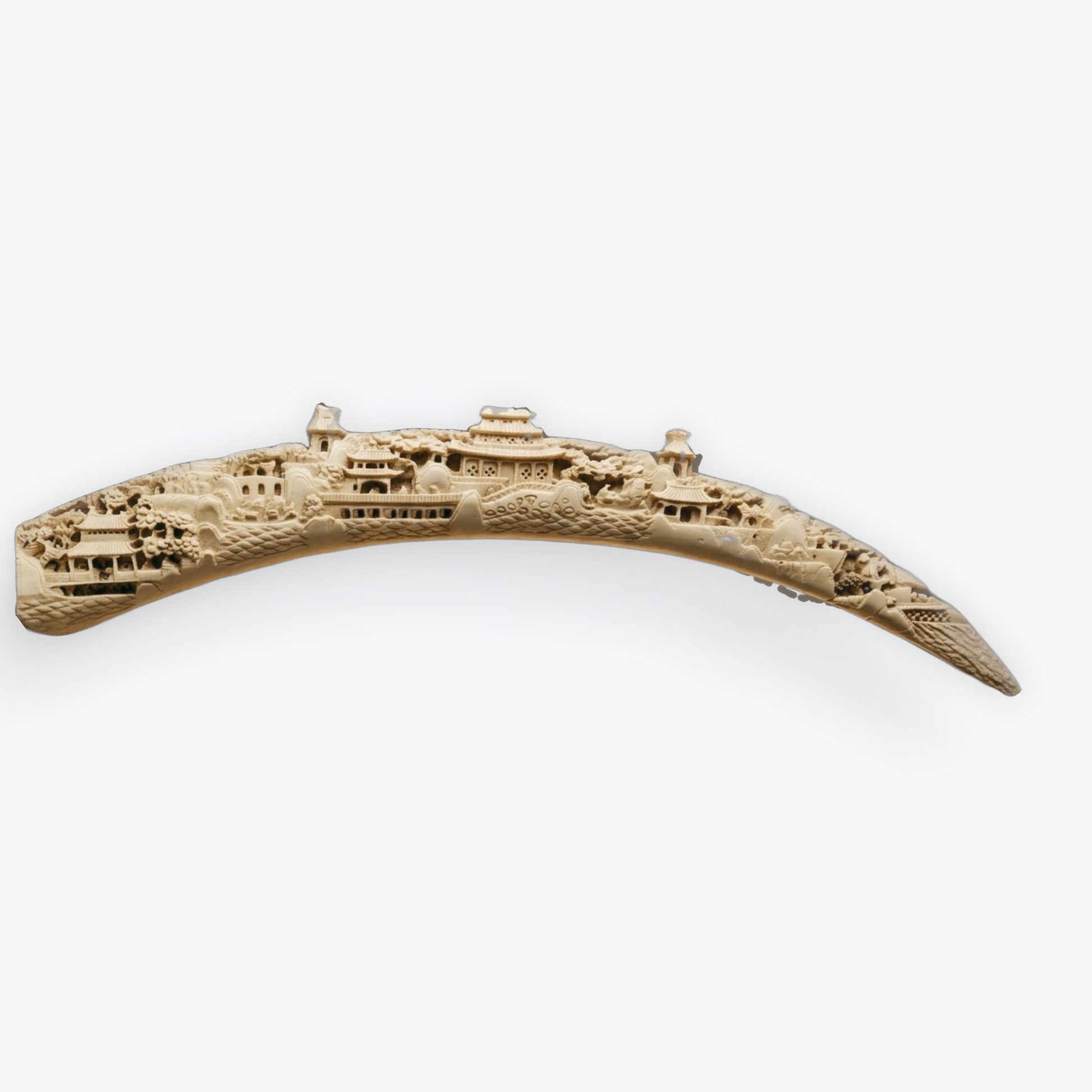 Vintage Ivory-Tone Resin Carved Tusk Village Sculpture — Folk Art Curiosity — detail view