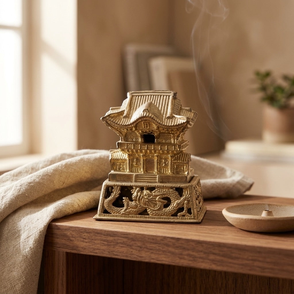 Vintage Brass Japanese Temple Miniature with Dragon Base — detail view