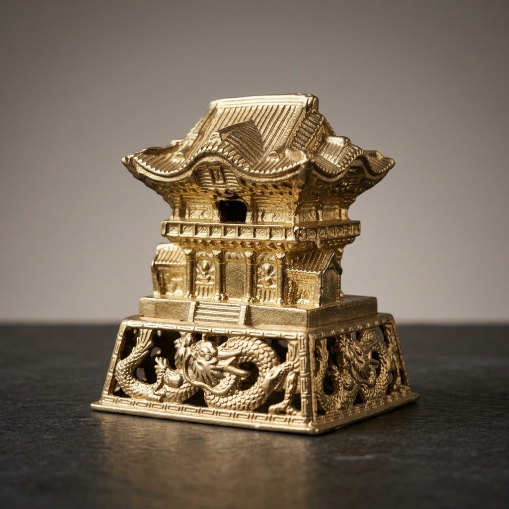 Vintage Brass Japanese Temple Miniature with Dragon Base — detail view