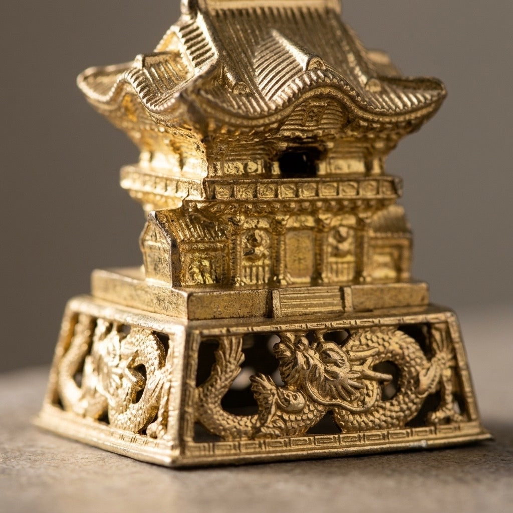 Vintage Brass Japanese Temple Miniature with Dragon Base — detail view