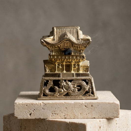 Vintage Brass Japanese Temple Miniature with Dragon Base — main view