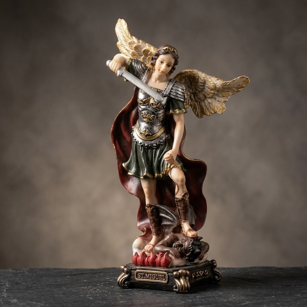 Saint Michael Archangel Defeating Lucifer Statue — detail view