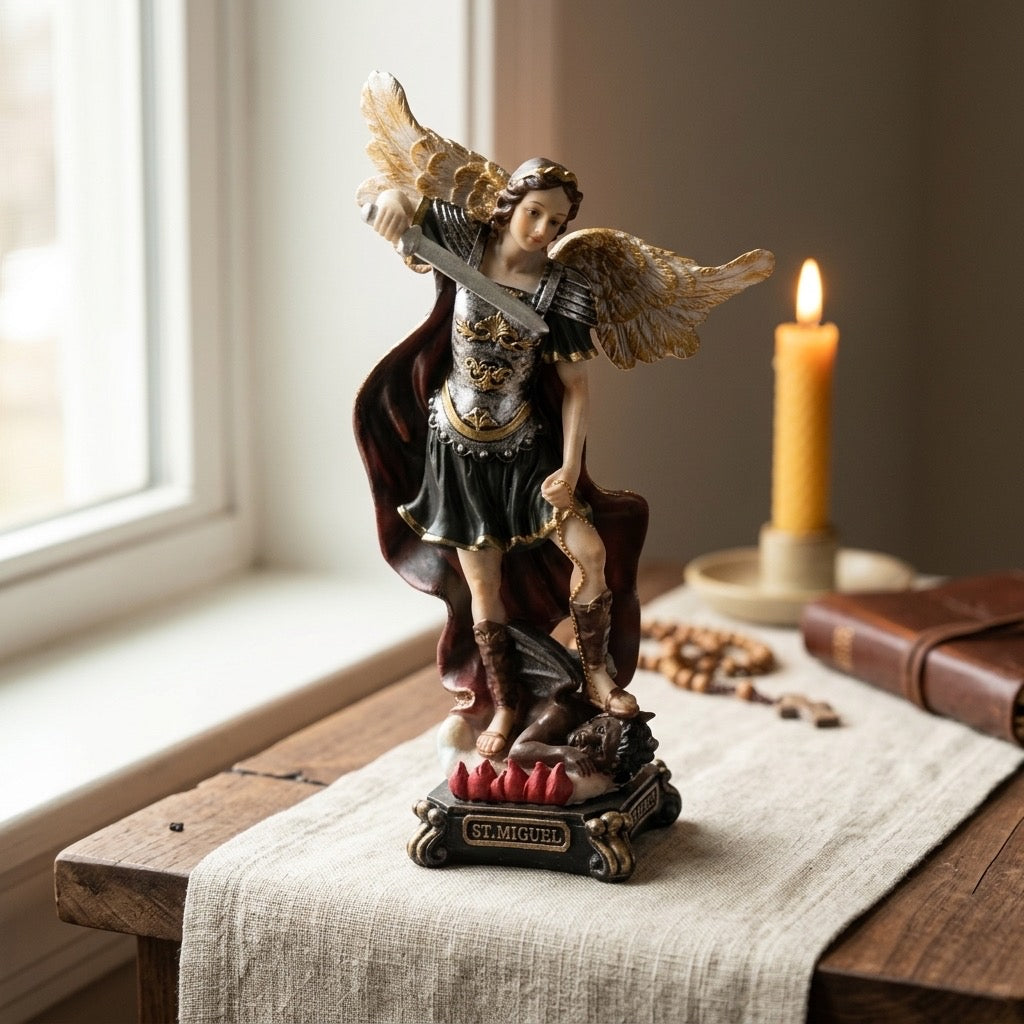 Saint Michael Archangel Defeating Lucifer Statue — detail view