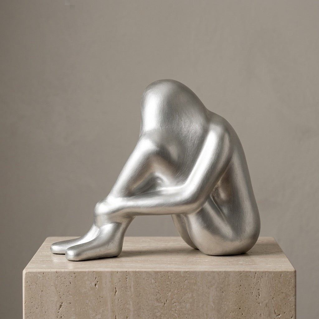 Silver Abstract Seated Figure Sculpture — detail view