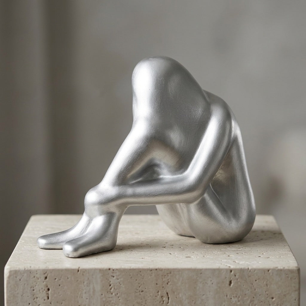 Silver Abstract Seated Figure Sculpture — detail view