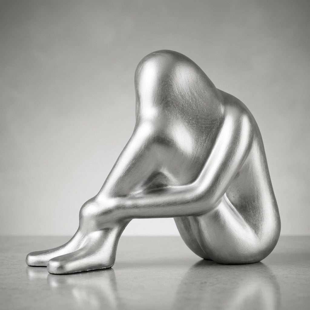 Silver Abstract Seated Figure Sculpture — main view