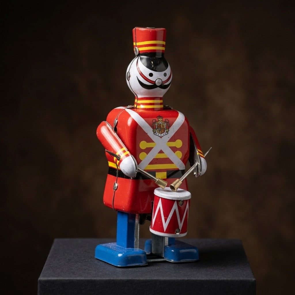 Vintage Linemar Marx Disney Babes in Toyland Tin Wind-Up Soldier Drummer — detail view