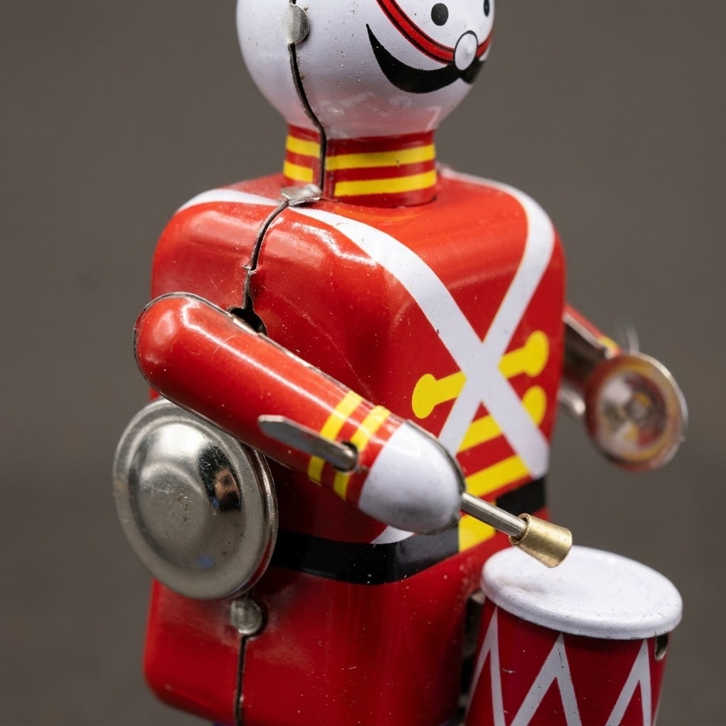 Vintage Linemar Marx Disney Babes in Toyland Tin Wind-Up Soldier Drummer — detail view