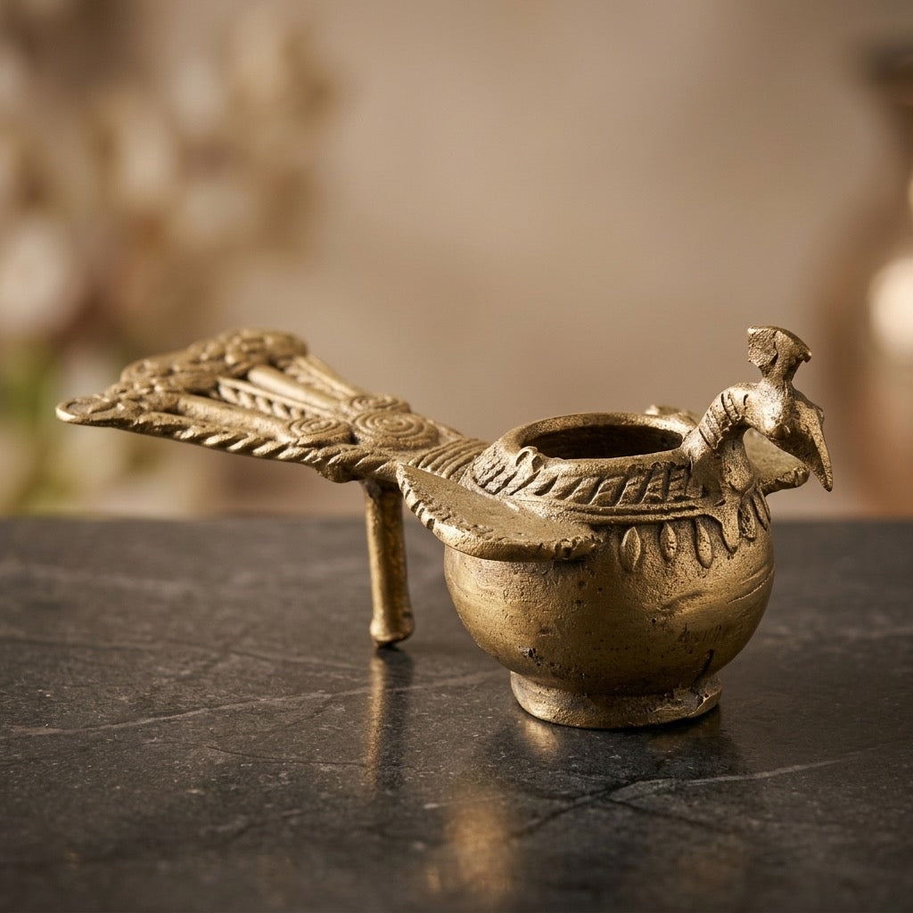 Vintage Indian Bronze Peacock Oil Lamp (Diya) — detail view