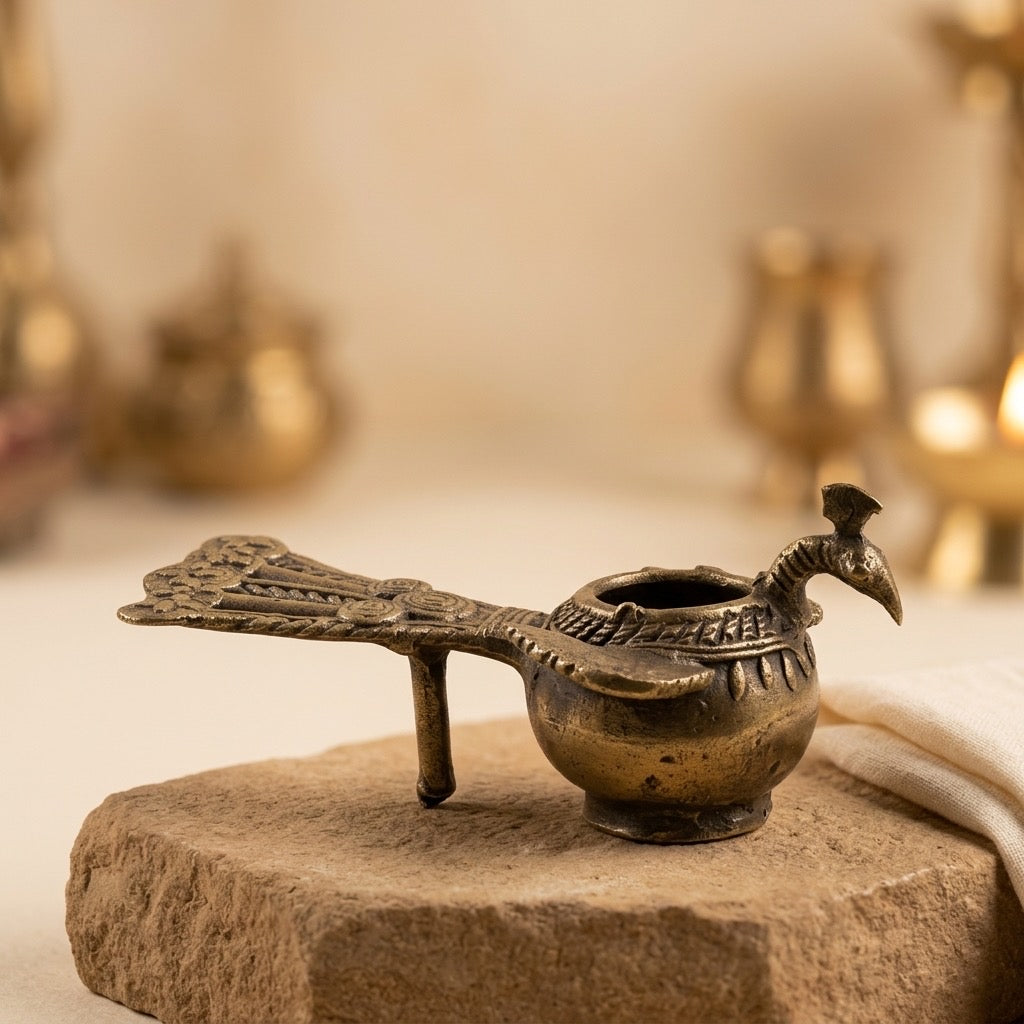 Vintage Indian Bronze Peacock Oil Lamp (Diya) — main view