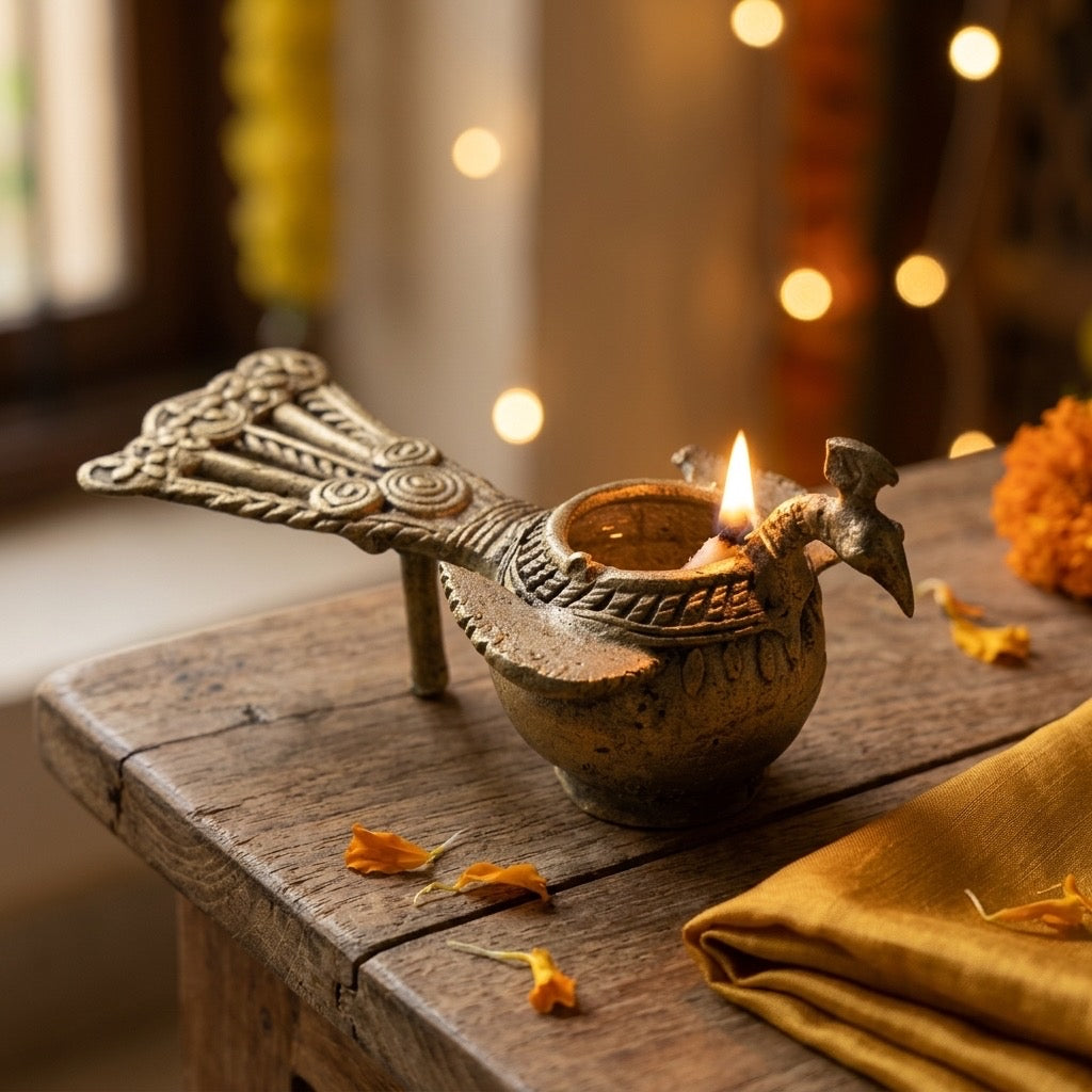 Vintage Indian Bronze Peacock Oil Lamp (Diya) — detail view