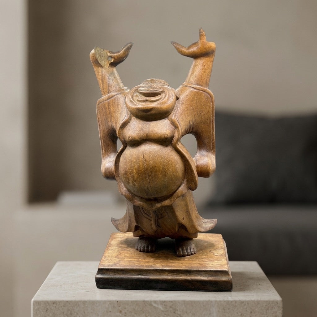 Vintage Hand Carved Wooden Laughing Buddha Statue — main view