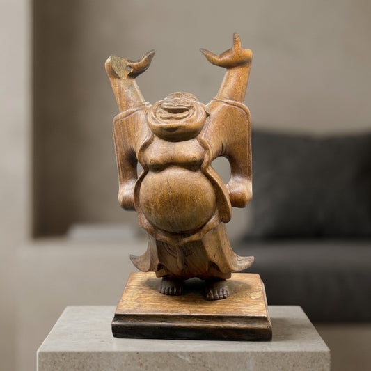 Vintage Hand Carved Wooden Laughing Buddha Statue — main view