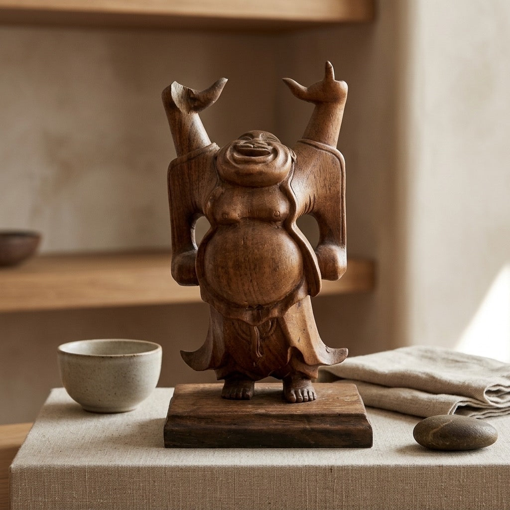 Vintage Hand Carved Wooden Laughing Buddha Statue — detail view