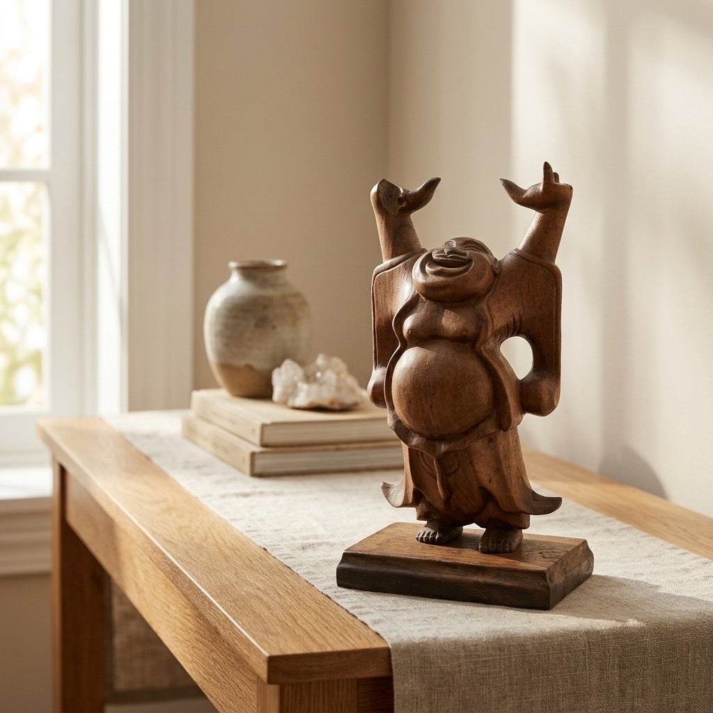 Vintage Hand Carved Wooden Laughing Buddha Statue — detail view