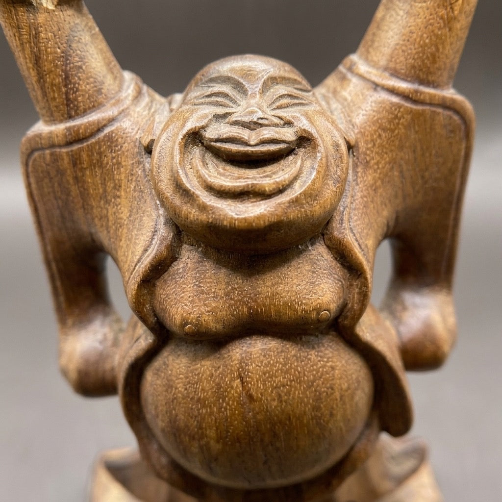 Vintage Hand Carved Wooden Laughing Buddha Statue — detail view