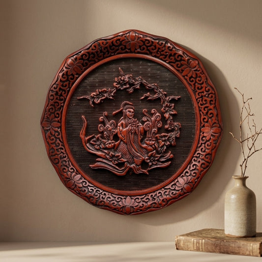 Vintage Chinese Cinnabar Style Carved Decorative Plate — main view