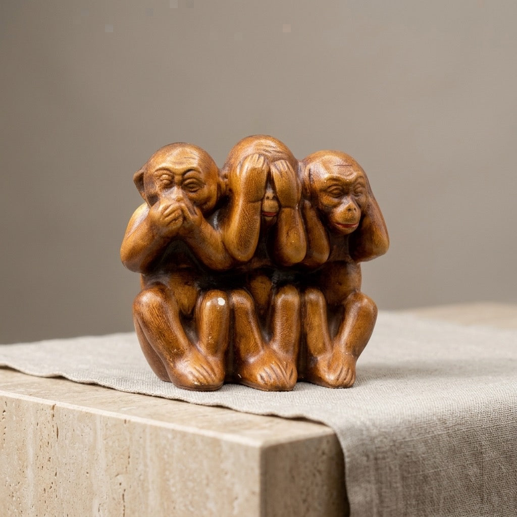Vintage Three Wise Monkeys Ceramic Figurine — detail view