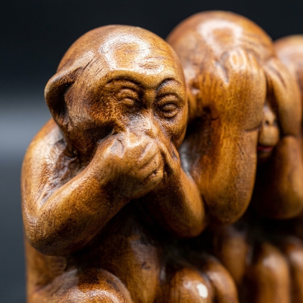 Vintage Three Wise Monkeys Ceramic Figurine — detail view