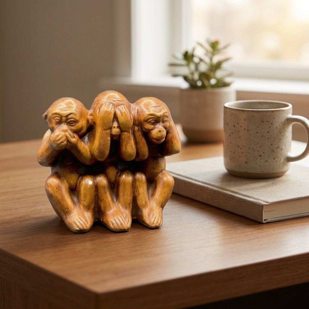 Vintage Three Wise Monkeys Ceramic Figurine — detail view