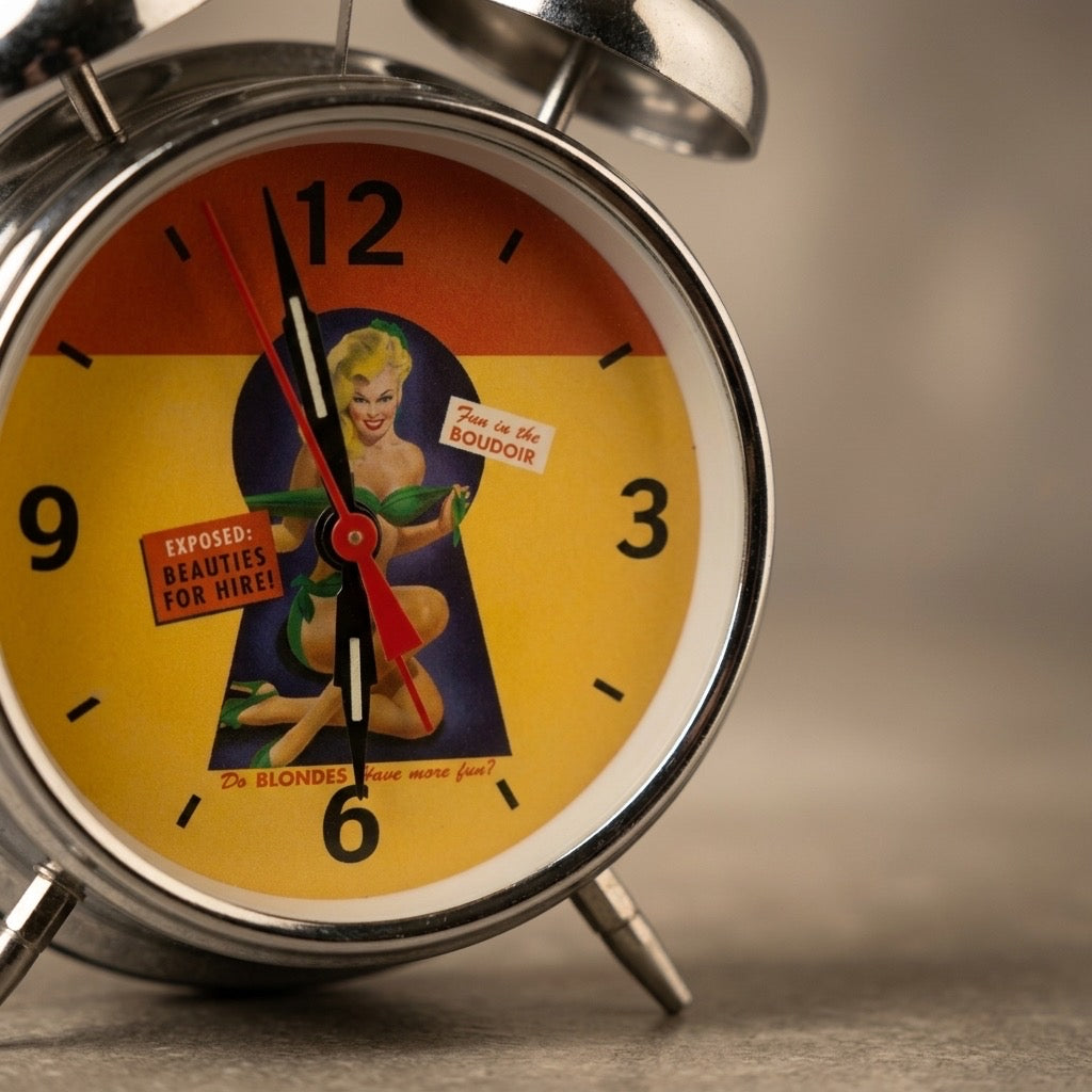 Vintage Pin-Up Twin Bell Alarm Clock — “Beauties for Hire” — detail view