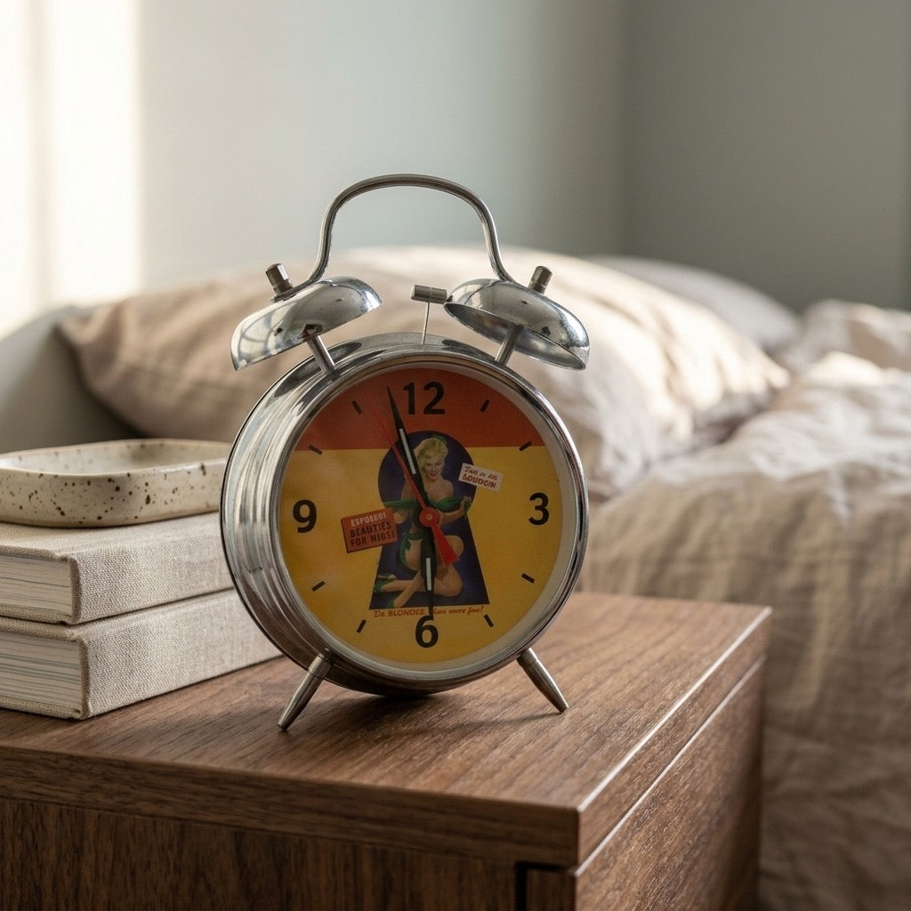 Vintage Pin-Up Twin Bell Alarm Clock — “Beauties for Hire” — detail view