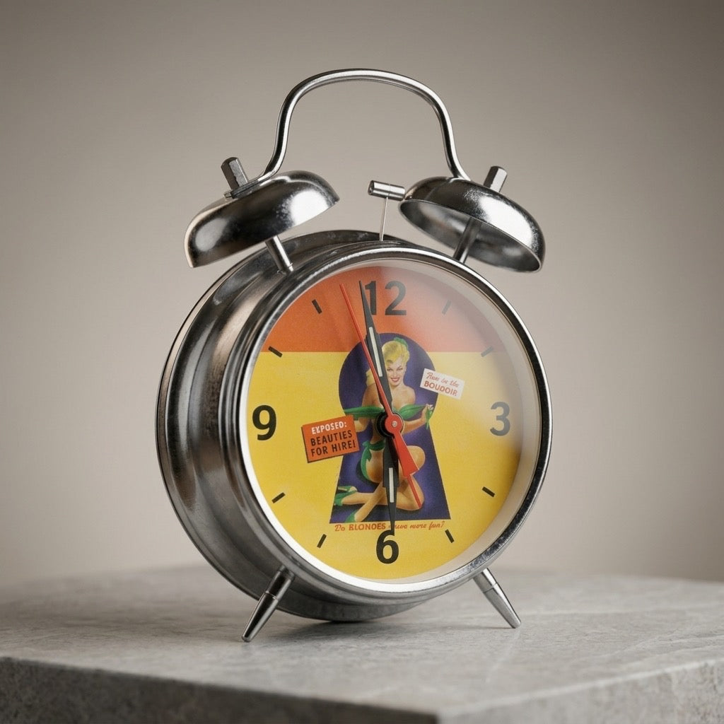 Vintage Pin-Up Twin Bell Alarm Clock — “Beauties for Hire” — main view