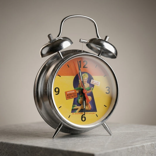 Vintage Pin-Up Twin Bell Alarm Clock — “Beauties for Hire” — main view