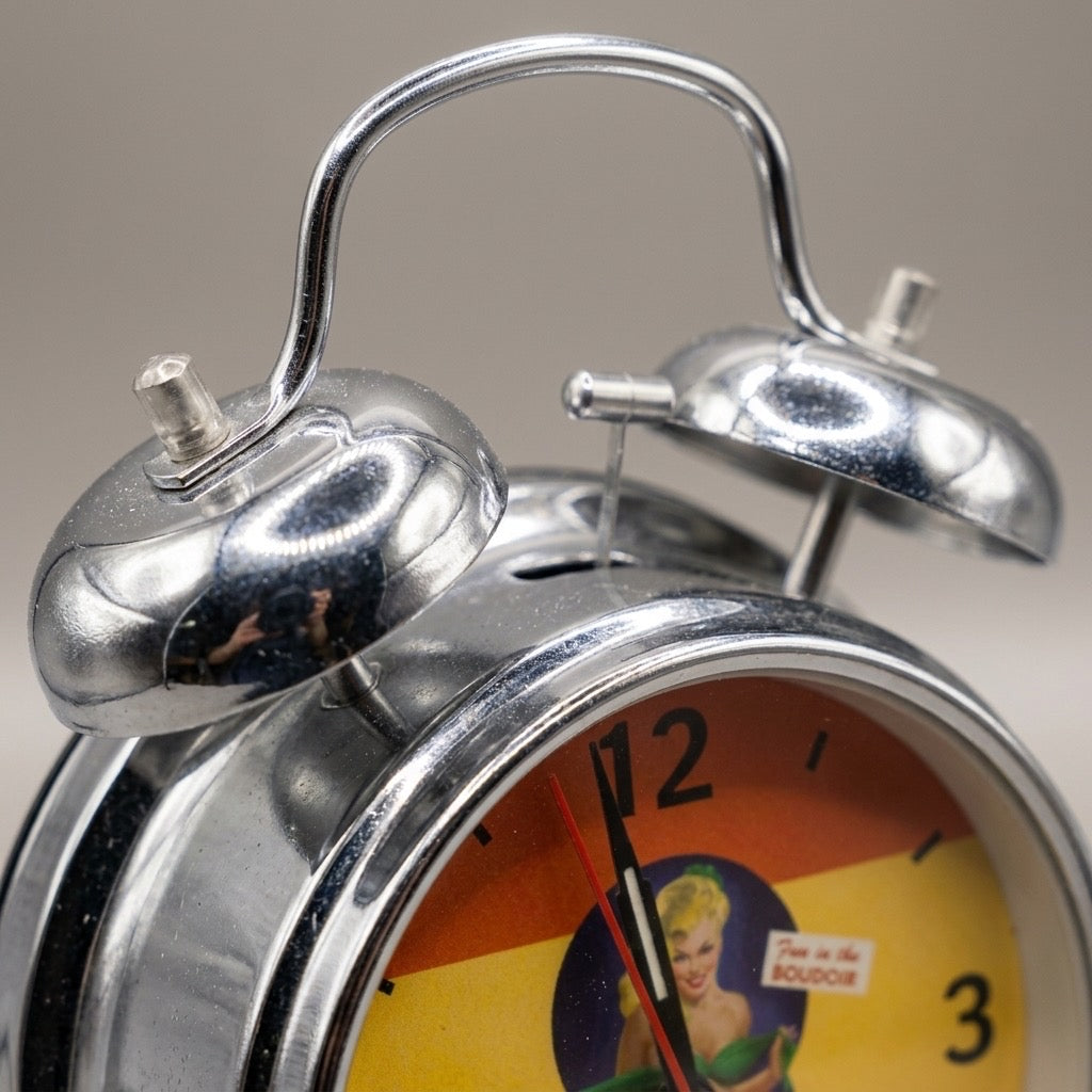 Vintage Pin-Up Twin Bell Alarm Clock — “Beauties for Hire” — detail view