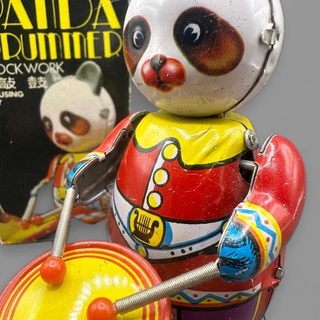 Vintage Panda Drummer Tin Wind-Up Toy — detail view