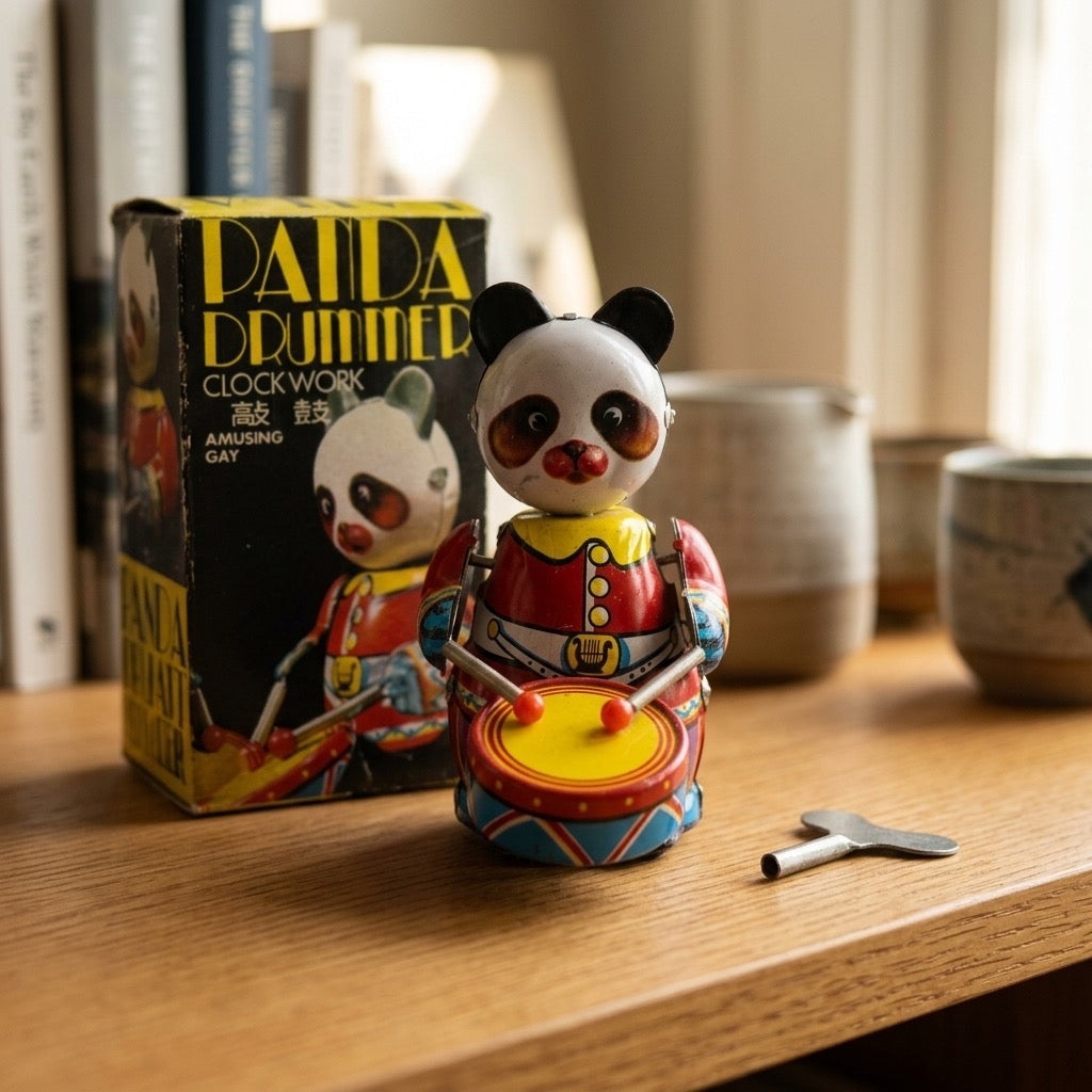 Vintage Panda Drummer Tin Wind-Up Toy — detail view