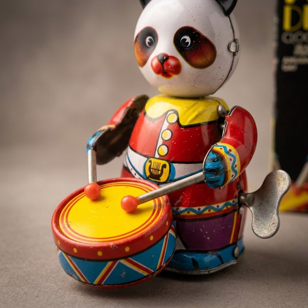 Vintage Panda Drummer Tin Wind-Up Toy — detail view