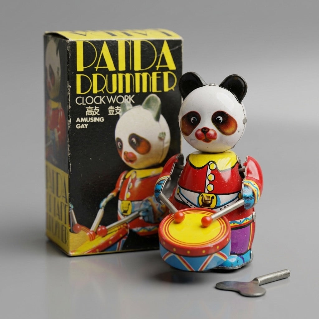Vintage Panda Drummer Tin Wind-Up Toy — main view